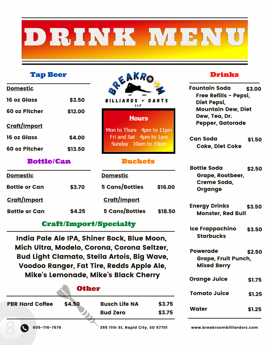 Food and Drink Menu - Breakroom Billiards and Darts